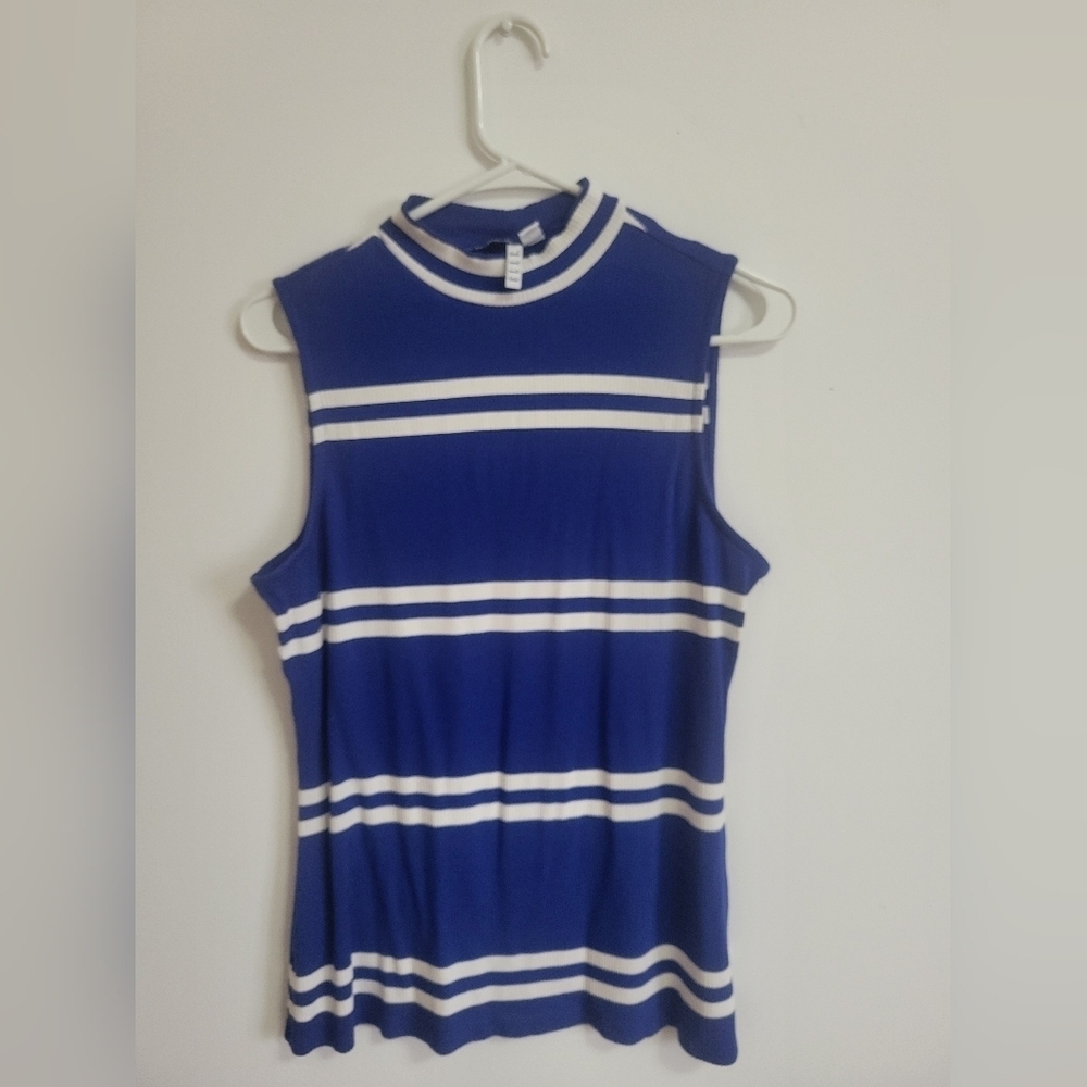 GUC- ELLE- Blue & White Striped Mock Neck Tank Size L